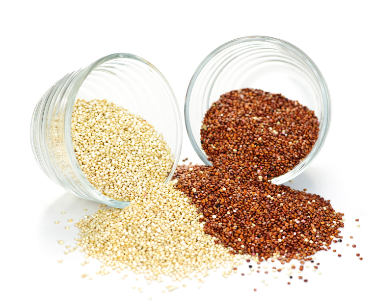 Red and white quinoa grain in bowls